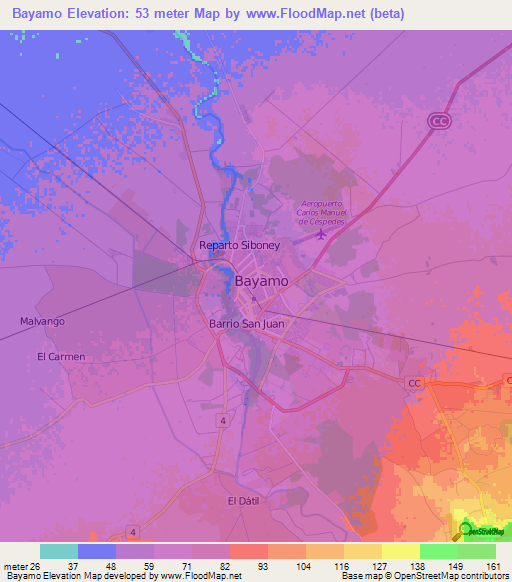 Bayamo,Cuba Elevation Map