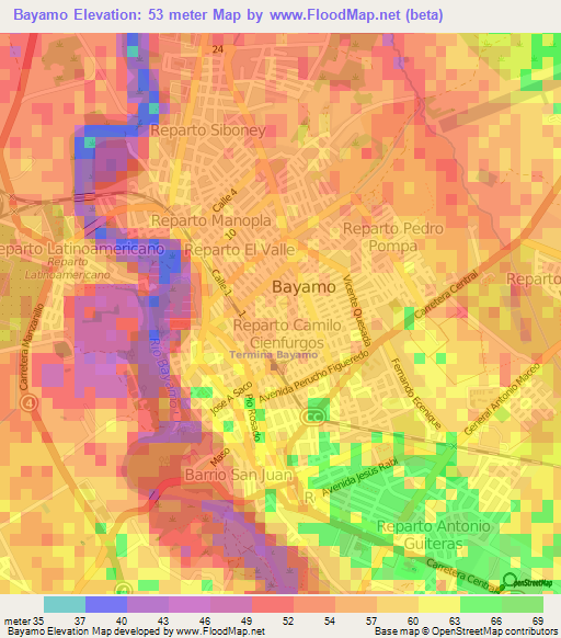 Bayamo,Cuba Elevation Map
