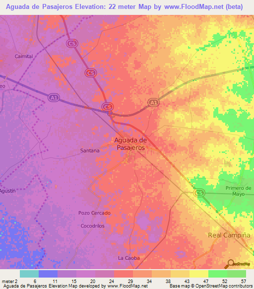 Aguada de Pasajeros,Cuba Elevation Map