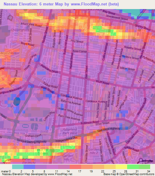 Nassau,Bahamas Elevation Map