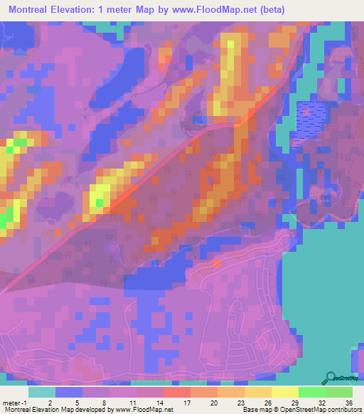 Montreal,Bahamas Elevation Map