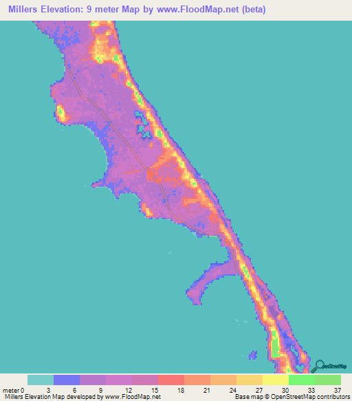Millers,Bahamas Elevation Map