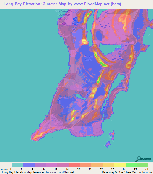 Long Bay,Bahamas Elevation Map