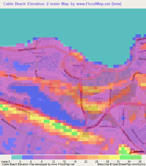 Cable Beach,Bahamas Elevation Map