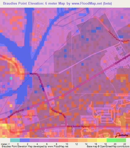 Braudies Point,Bahamas Elevation Map