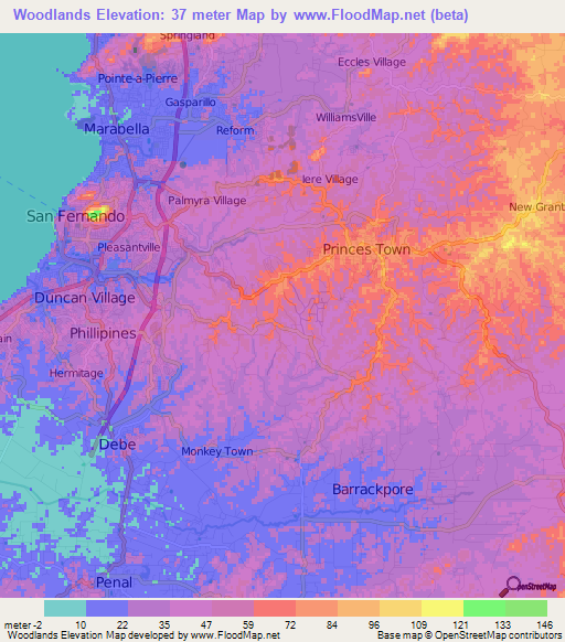 Woodlands,Trinidad and Tobago Elevation Map