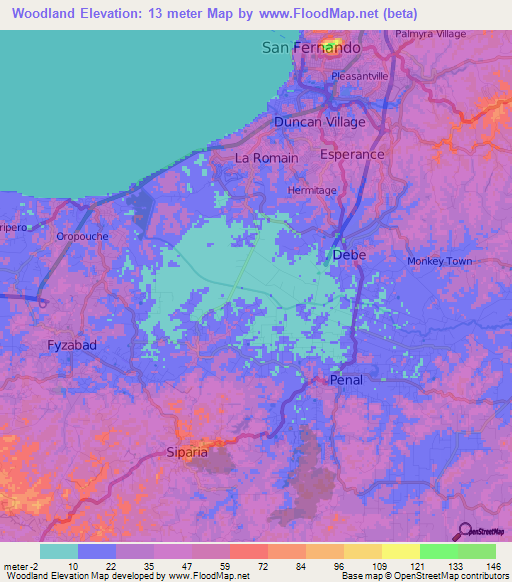 Woodland,Trinidad and Tobago Elevation Map