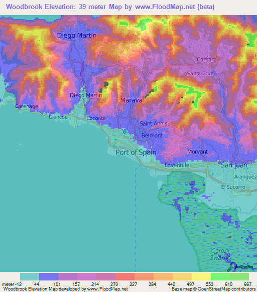 Woodbrook,Trinidad and Tobago Elevation Map