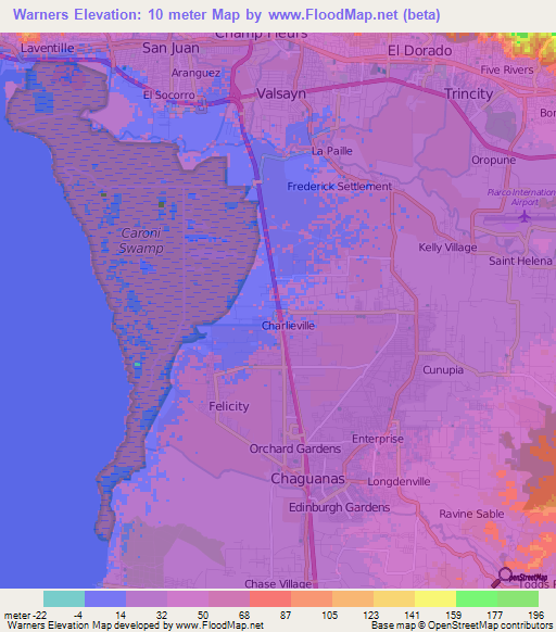 Warners,Trinidad and Tobago Elevation Map