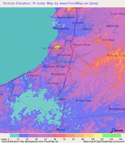Victoria,Trinidad and Tobago Elevation Map
