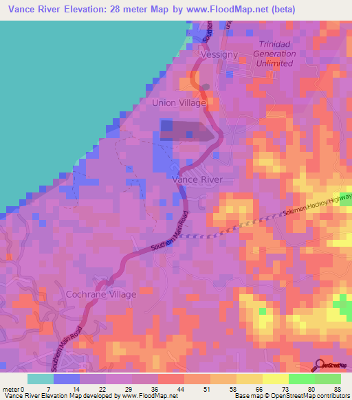 Vance River,Trinidad and Tobago Elevation Map