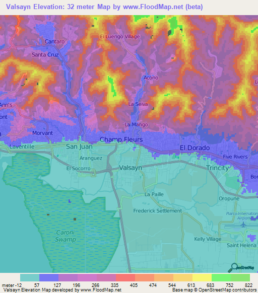 Valsayn,Trinidad and Tobago Elevation Map