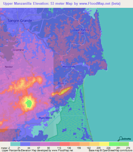 Upper Manzanilla,Trinidad and Tobago Elevation Map