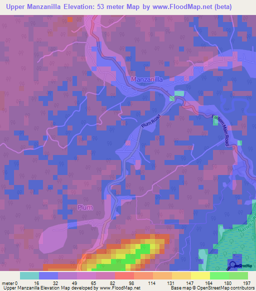Upper Manzanilla,Trinidad and Tobago Elevation Map