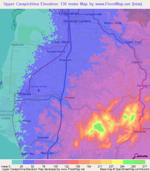 Upper Carapichima,Trinidad and Tobago Elevation Map