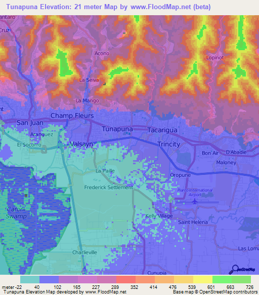Tunapuna,Trinidad and Tobago Elevation Map
