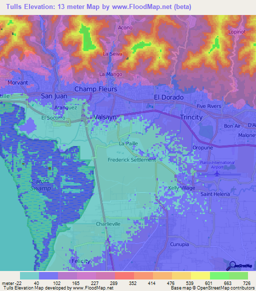 Tulls,Trinidad and Tobago Elevation Map