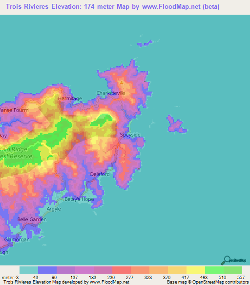 Trois Rivieres,Trinidad and Tobago Elevation Map