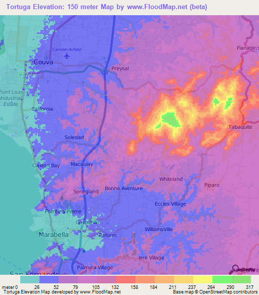 Tortuga,Trinidad and Tobago Elevation Map