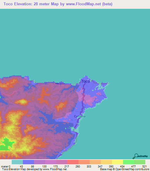 Toco,Trinidad and Tobago Elevation Map