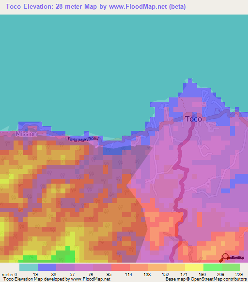 Toco,Trinidad and Tobago Elevation Map