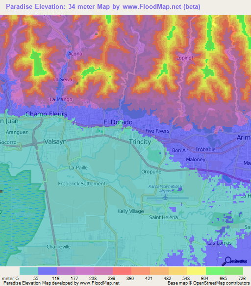 Paradise,Trinidad and Tobago Elevation Map