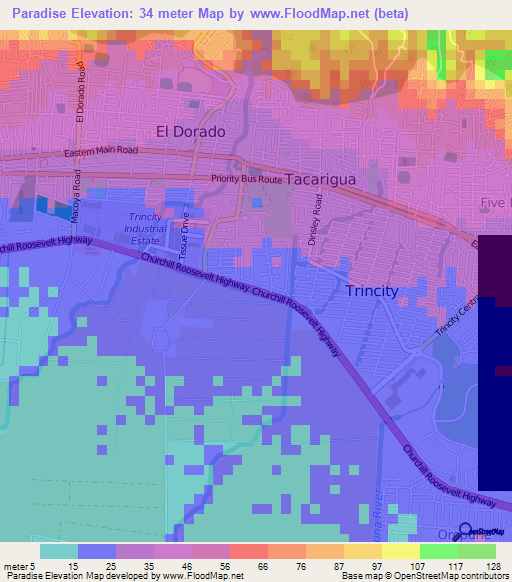 Paradise,Trinidad and Tobago Elevation Map