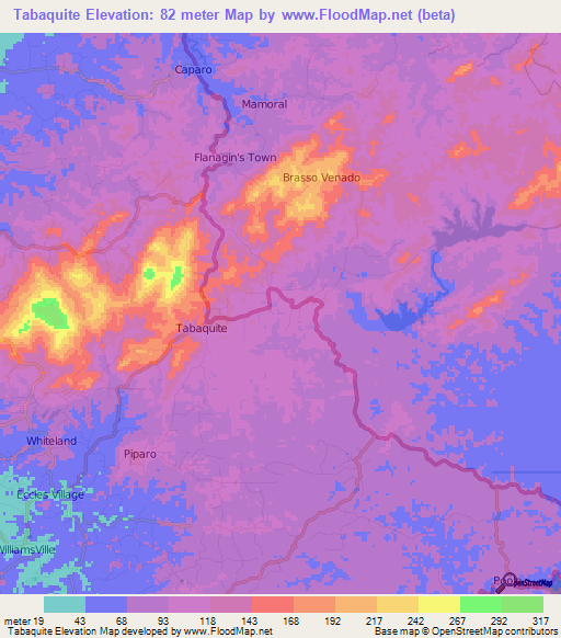 Tabaquite,Trinidad and Tobago Elevation Map