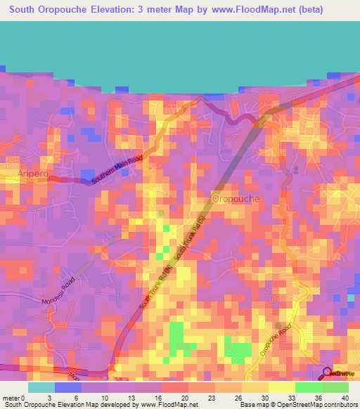 South Oropouche,Trinidad and Tobago Elevation Map
