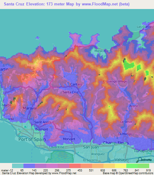 Santa Cruz,Trinidad and Tobago Elevation Map