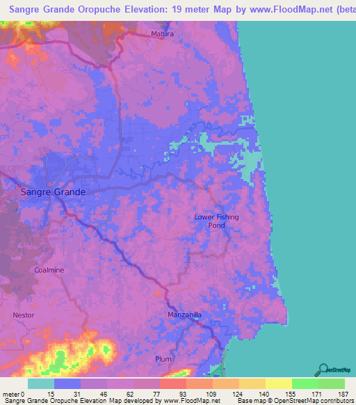Sangre Grande Oropuche,Trinidad and Tobago Elevation Map