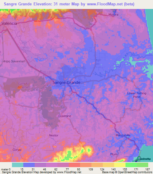 Sangre Grande,Trinidad and Tobago Elevation Map