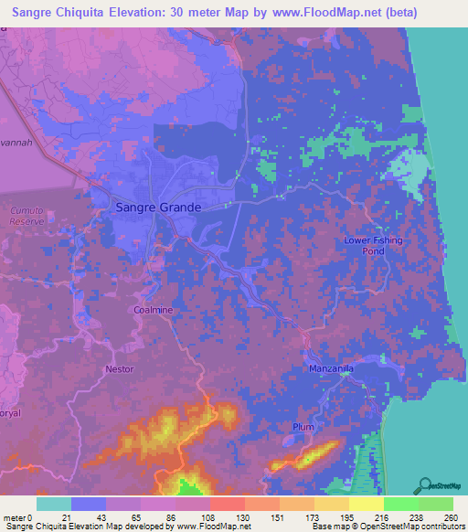 Sangre Chiquita,Trinidad and Tobago Elevation Map