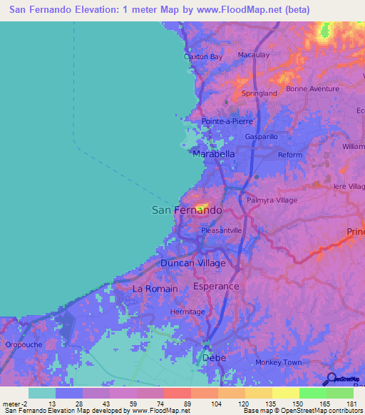 San Fernando,Trinidad and Tobago Elevation Map