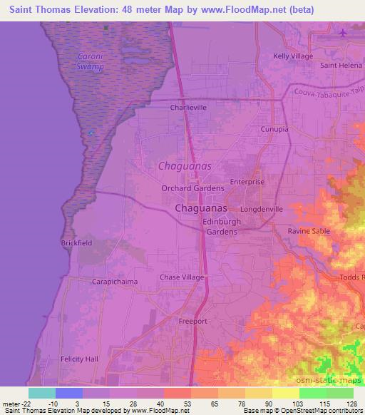 Saint Thomas,Trinidad and Tobago Elevation Map