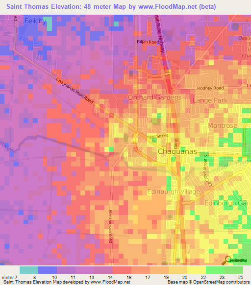 Saint Thomas,Trinidad and Tobago Elevation Map