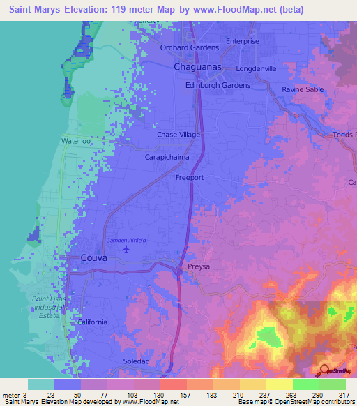 Saint Marys,Trinidad and Tobago Elevation Map