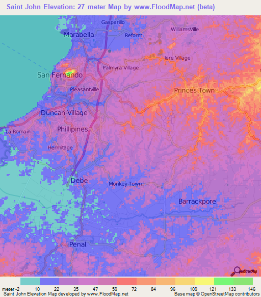 Saint John,Trinidad and Tobago Elevation Map