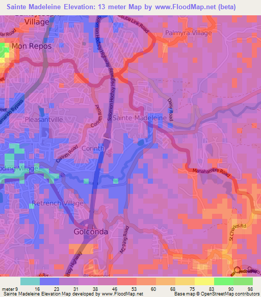 Sainte Madeleine,Trinidad and Tobago Elevation Map
