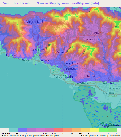 Saint Clair,Trinidad and Tobago Elevation Map