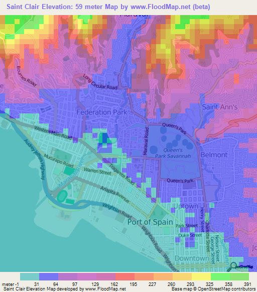 Saint Clair,Trinidad and Tobago Elevation Map