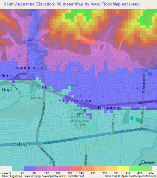 Saint Augustine,Trinidad and Tobago Elevation Map