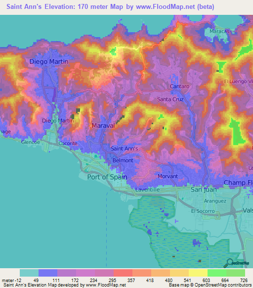 Saint Ann's,Trinidad and Tobago Elevation Map