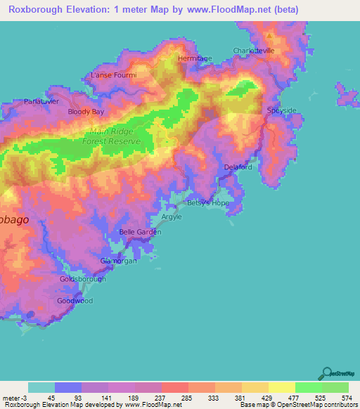Roxborough,Trinidad and Tobago Elevation Map