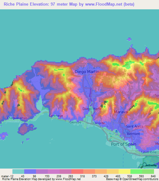 Riche Plaine,Trinidad and Tobago Elevation Map