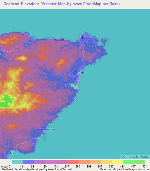 Redhead,Trinidad and Tobago Elevation Map