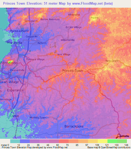 Princes Town,Trinidad and Tobago Elevation Map