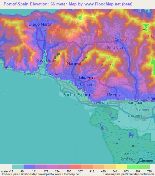 Port-of-Spain,Trinidad and Tobago Elevation Map