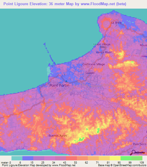 Point Ligoure,Trinidad and Tobago Elevation Map