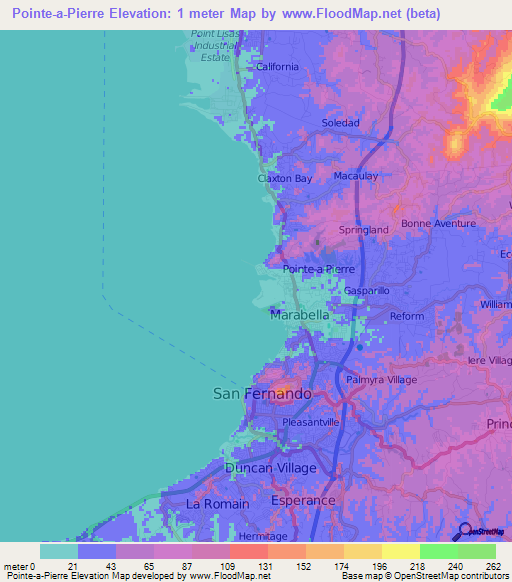 Pointe-a-Pierre,Trinidad and Tobago Elevation Map